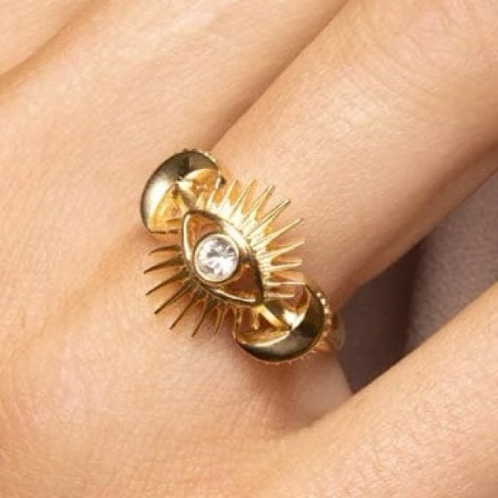 AWE INSPIRED 14K Gold Vermeil Celestial Evil Eye Sun White Topaz Bohemian Ring 4 - Picture 9 of 9